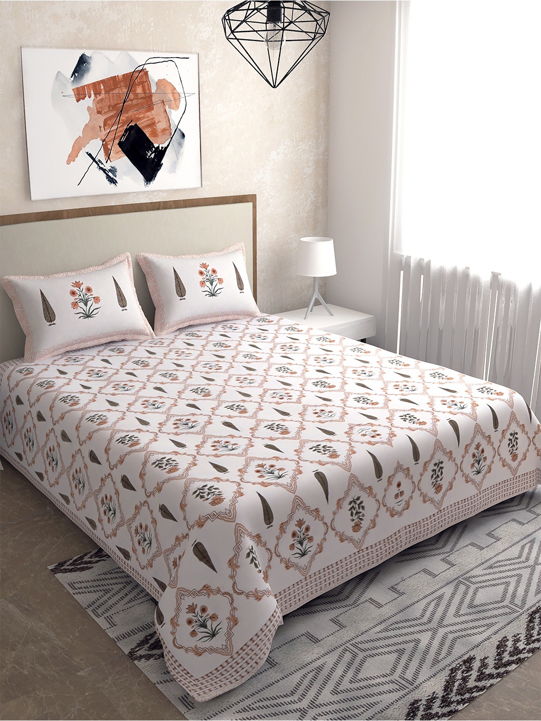 

Salona Bichona Peach-Coloured & White Ethnic Motifs 120 TC King Bedsheet with 2 Pillow Covers