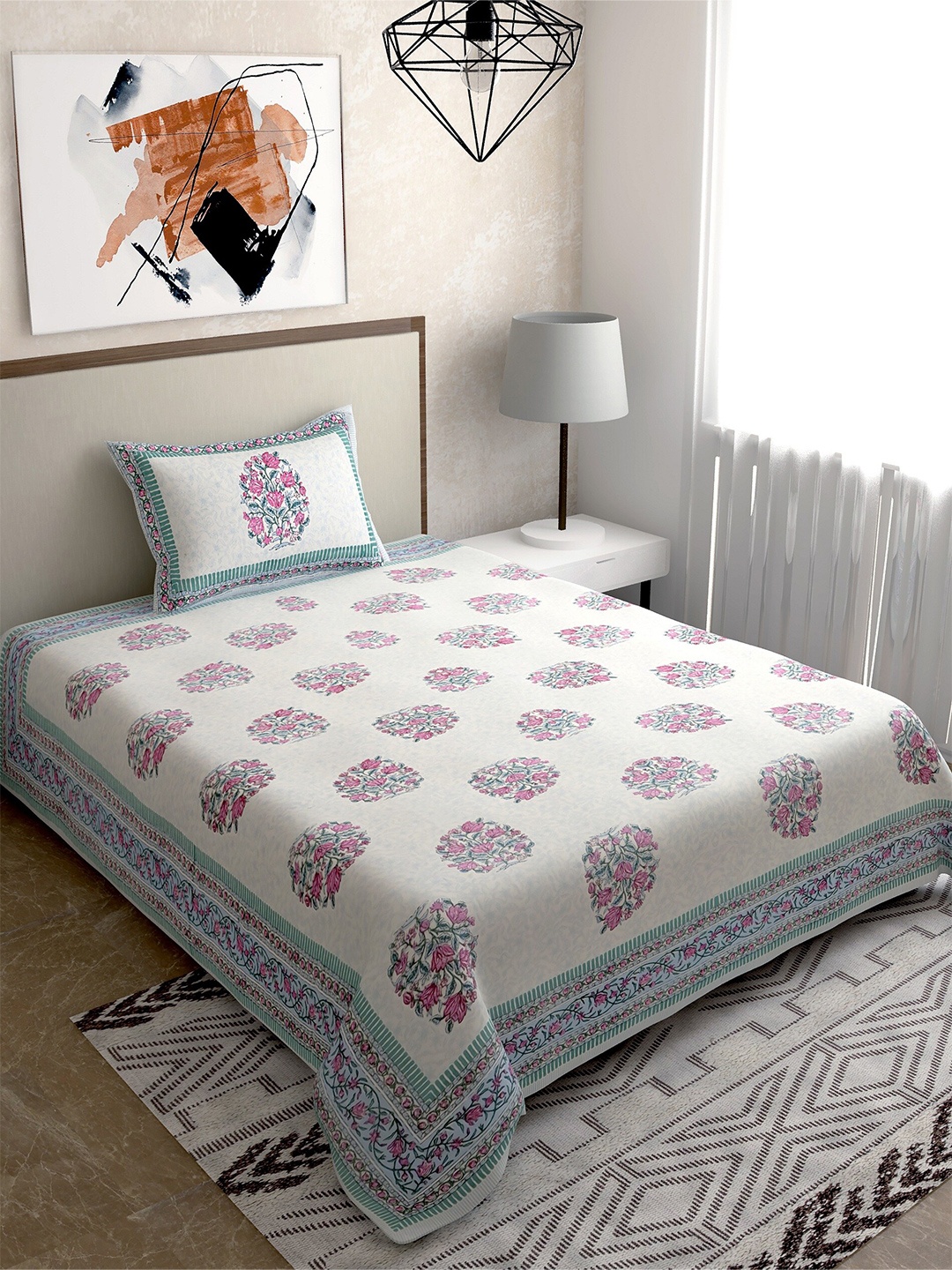 

Salona Bichona Grey & Pink Ethnic Motifs 120 TC King Bedsheet with 2 Pillow Covers