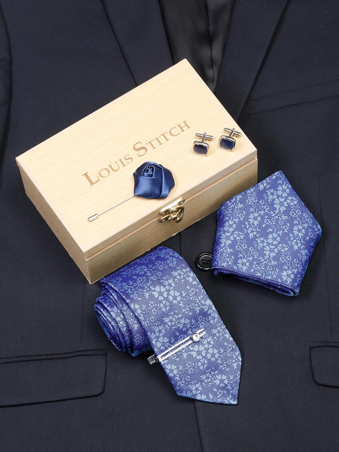 

LOUIS STITCH Men Turquoise Blue Italian Silk Necktie Accessory Gift Set