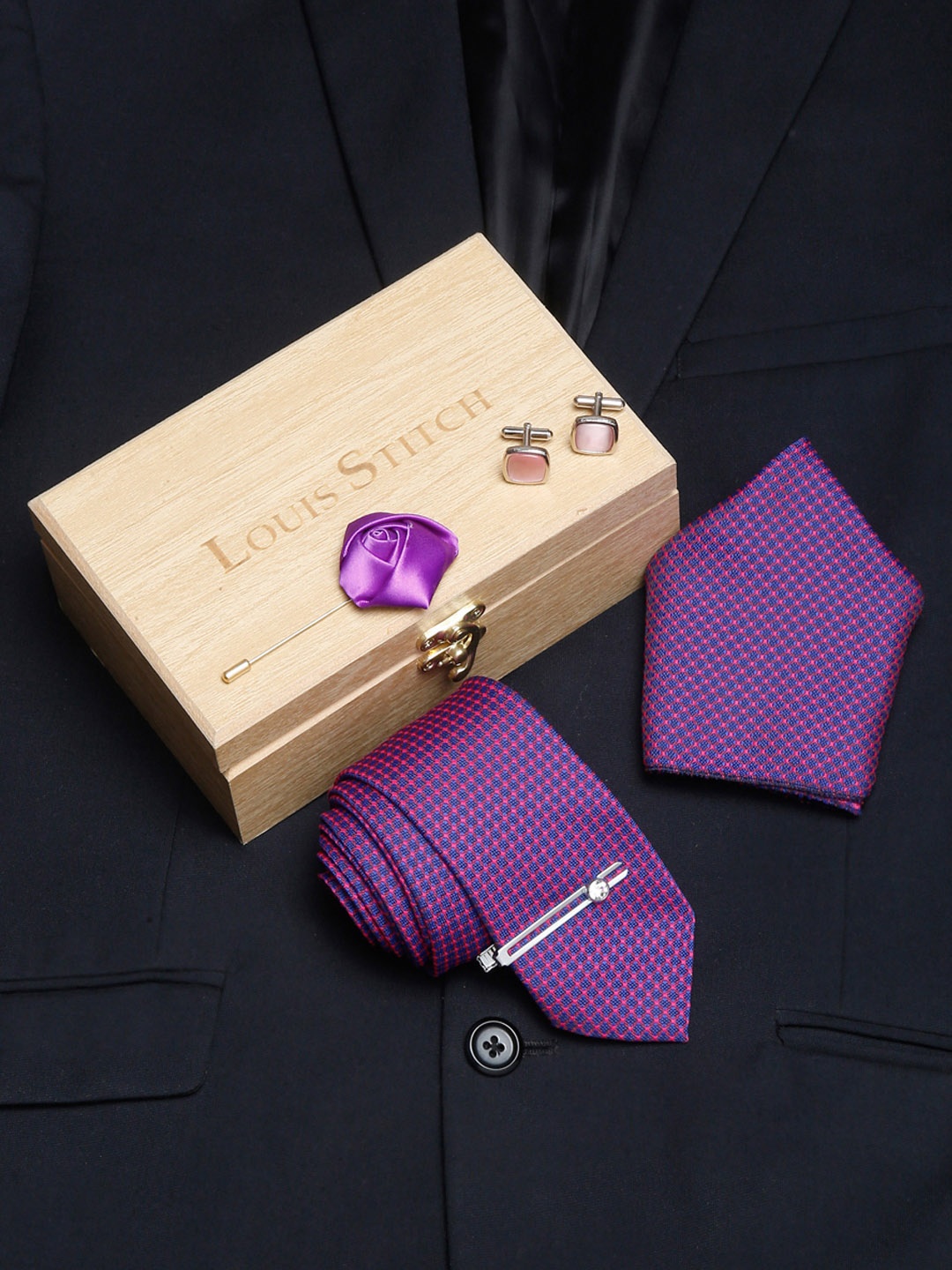 

LOUIS STITCH Men Violet & Pink Checked Silk Accessory Gift Set