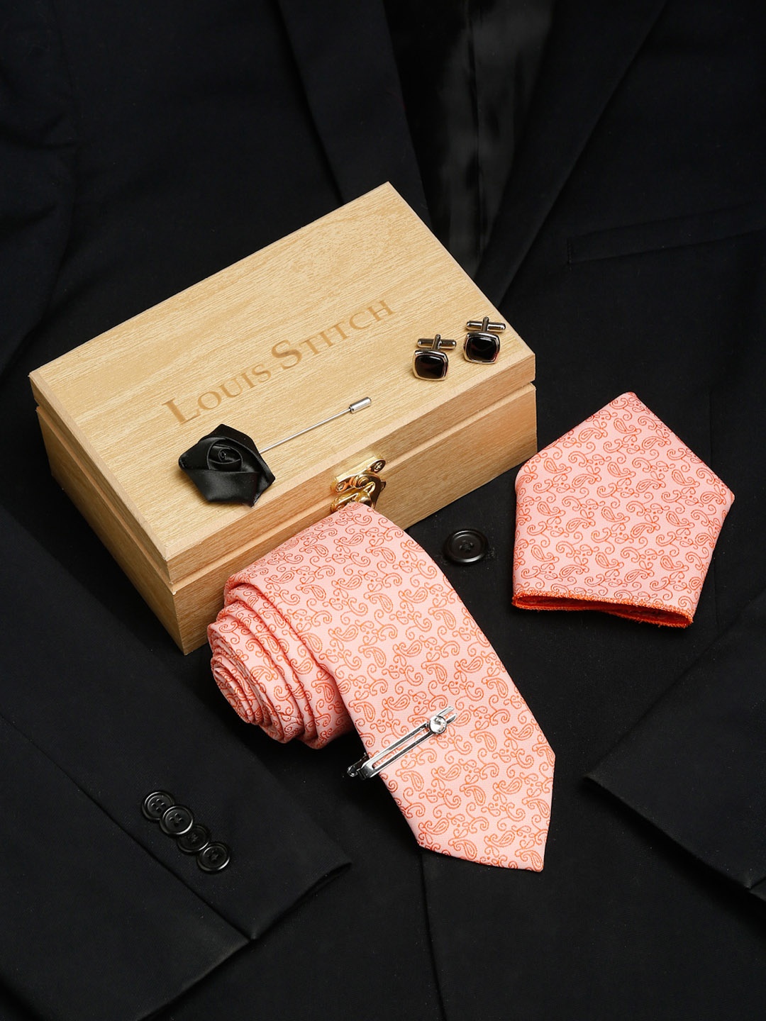 

LOUIS STITCH Men Italian Silk Necktie Accessory Gift Set, Peach