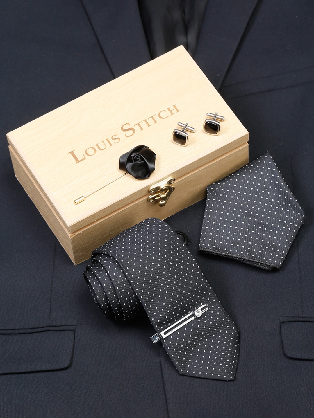 

LOUIS STITCH Men Polka Black Italian Silk Necktie Accessory Gift Set
