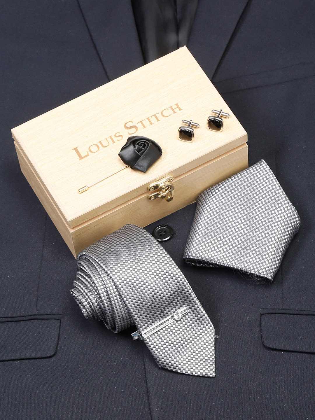 

LOUIS STITCH Men Ash Grey Italian Silk Necktie Accessory Gift Set