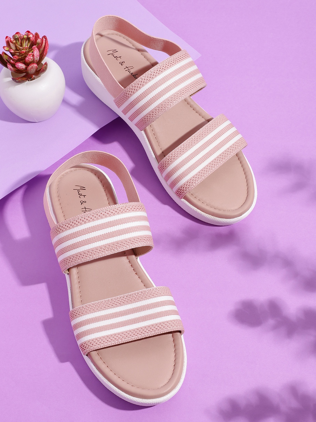 

Mast & Harbour Women Dusty Pink & White Striped Wedge Heels, Rose