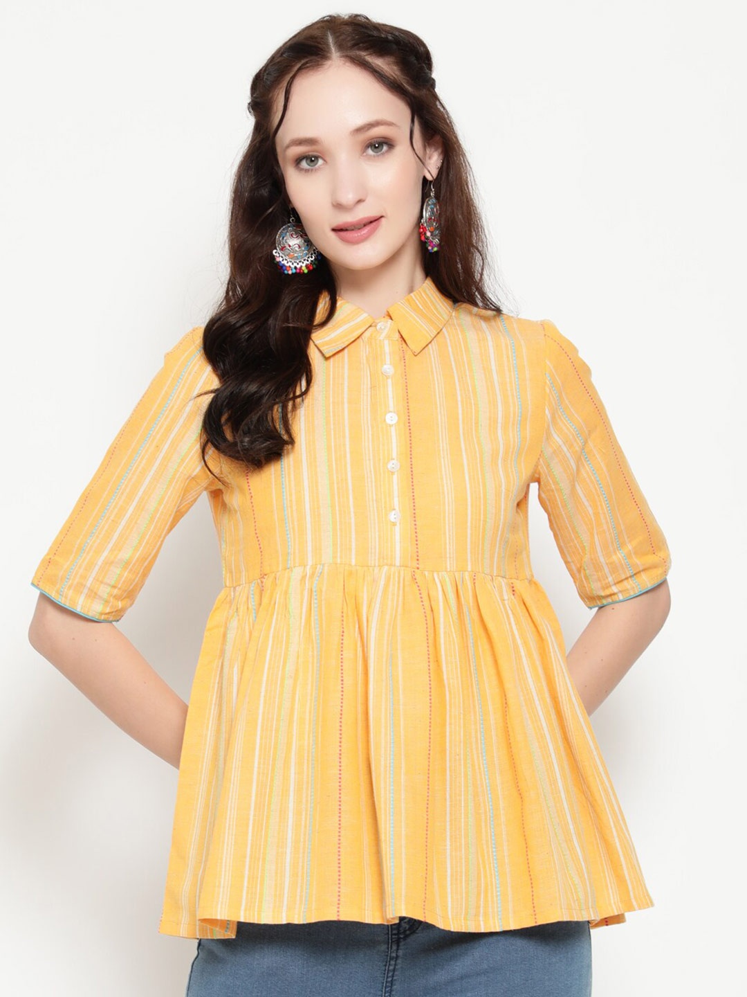 

antaran Yellow & White Shirt Collar Striped Tunic