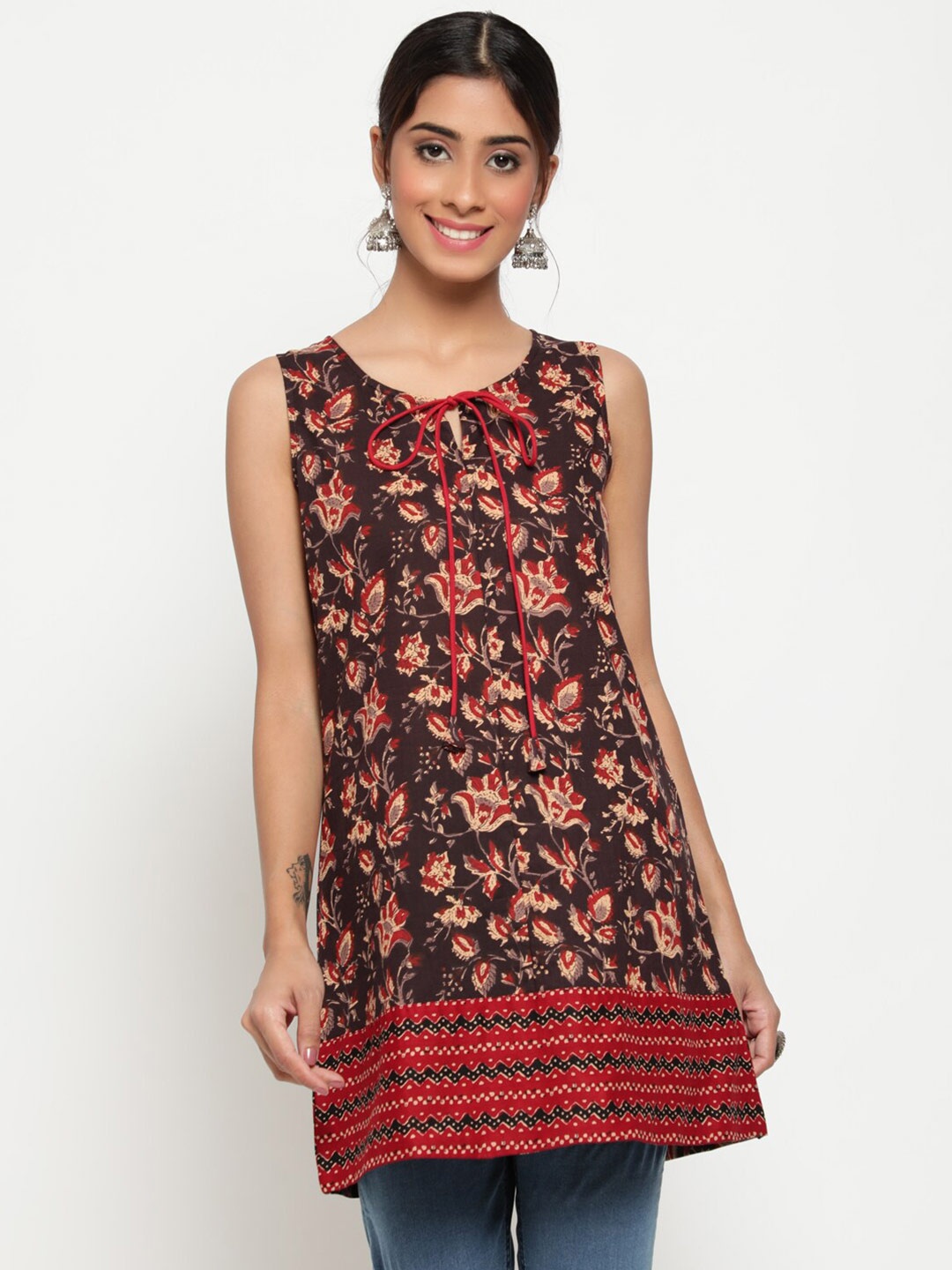 

antaran Black & Red Floral Printed Cotton Tunic