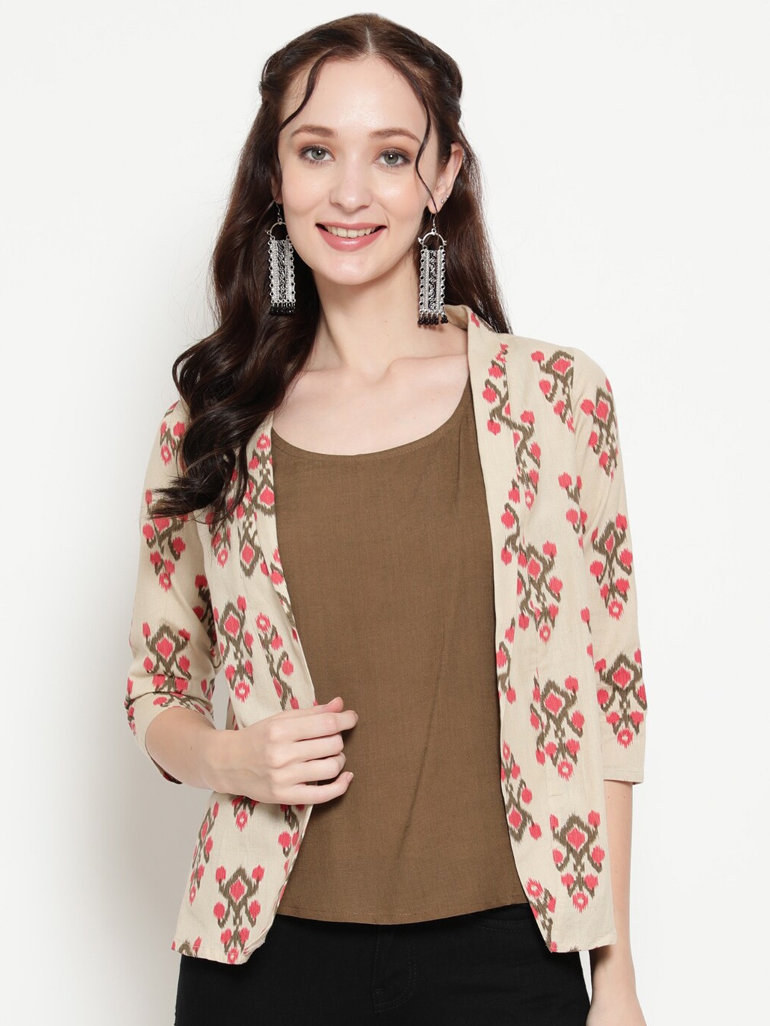 

antaran Olive Green & Beige Floral Layered Regular Top