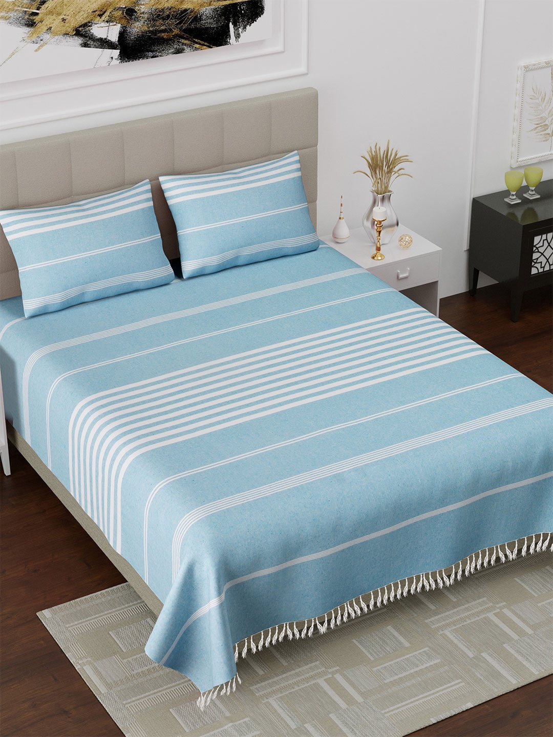 

Varde Blue & White Striped Pure Cotton Yarn 160 TC King Bedsheet Set 2.28m x 2.54 m