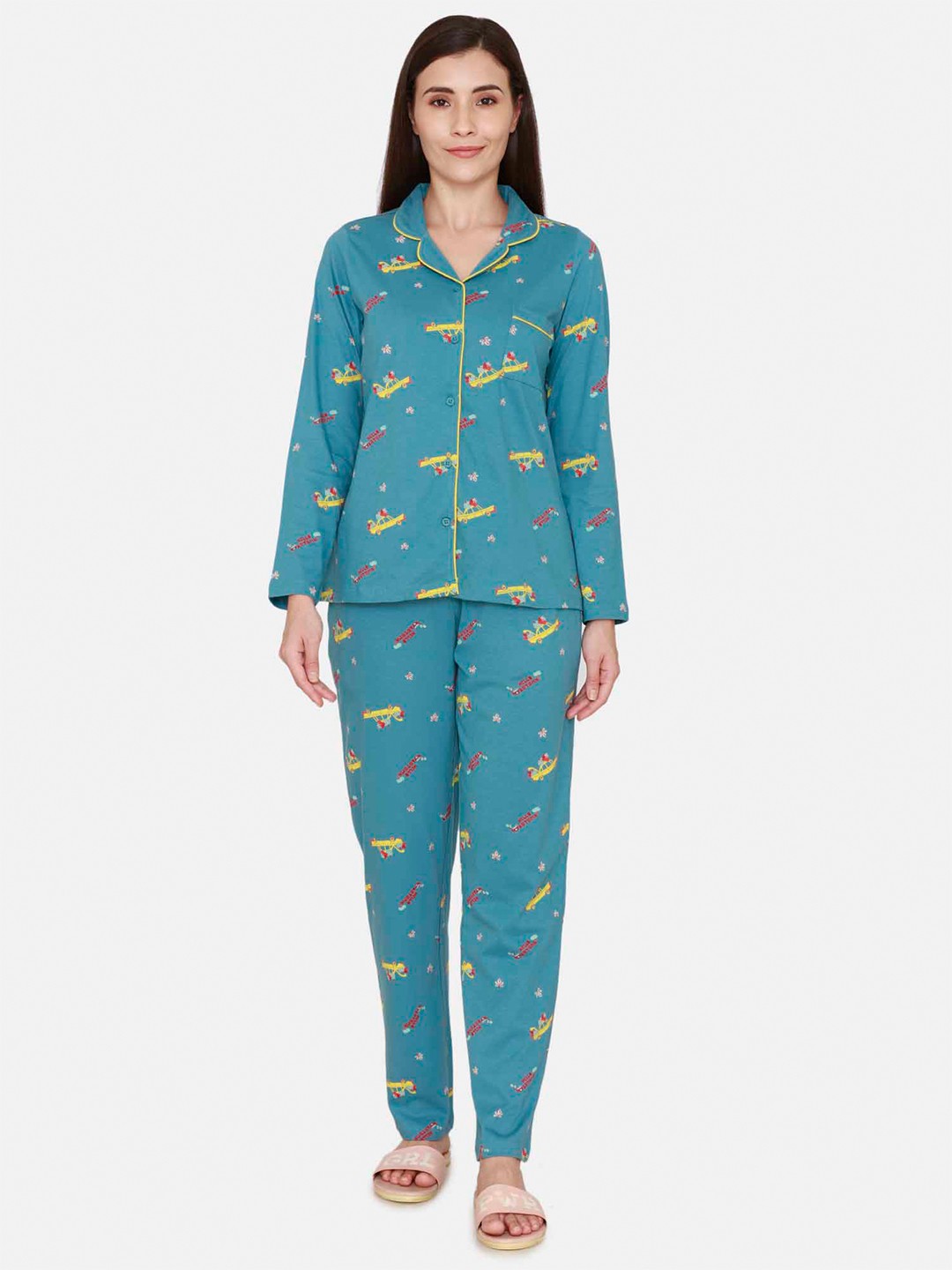 

Zivame Women Printed Pure Cotton Night suit, Turquoise blue