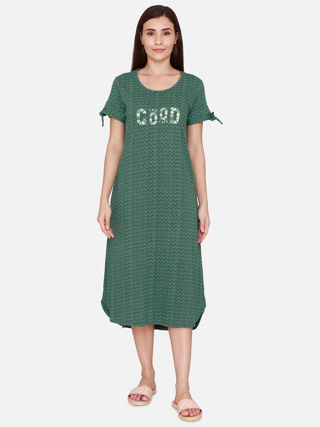 

Zivame Women Printed Pure Cotton Nightdress, Green