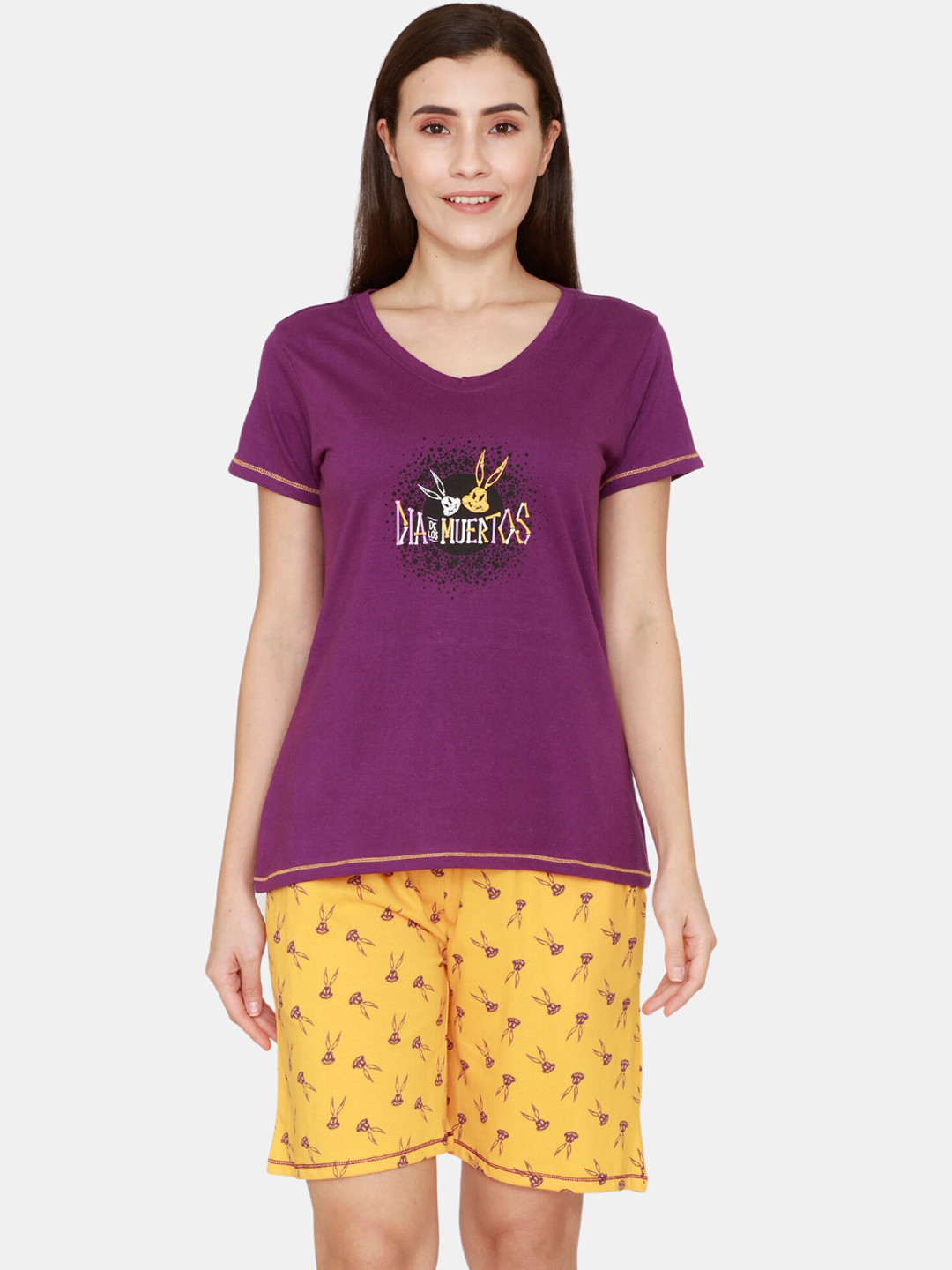 

Zivame Women Yellow & Purple Printed Pure Cotton Night suit