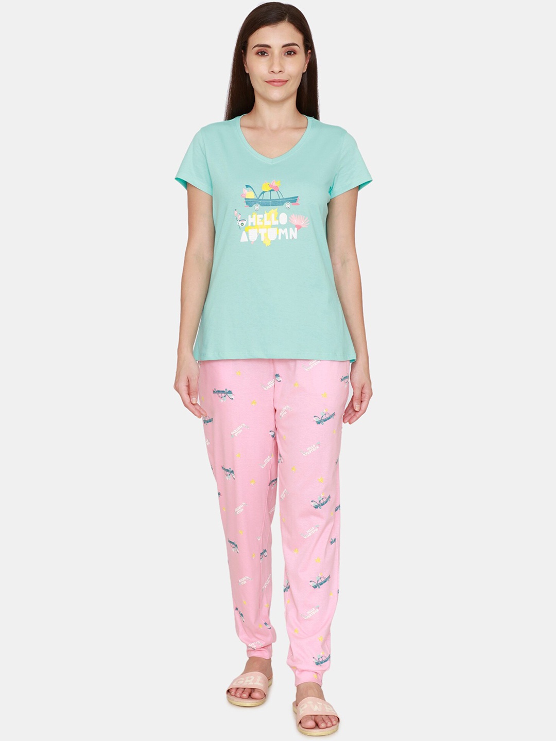 

Zivame Women Pink & Turquoise Blue Printed Night suit