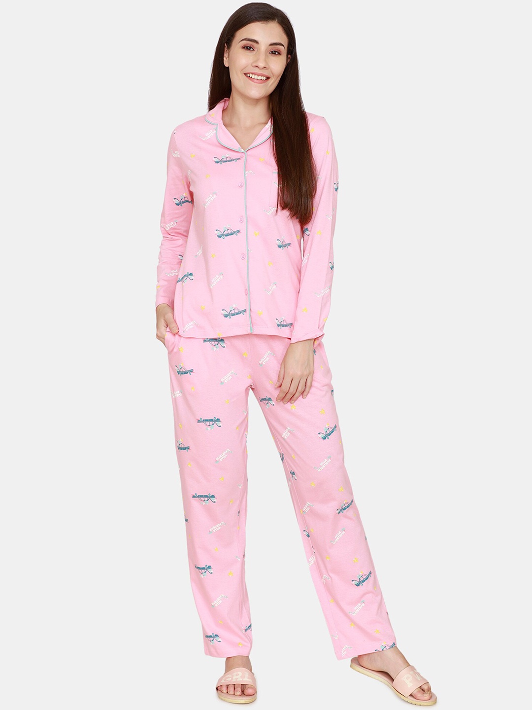 

Zivame Women Pink & Blue Printed Night suit