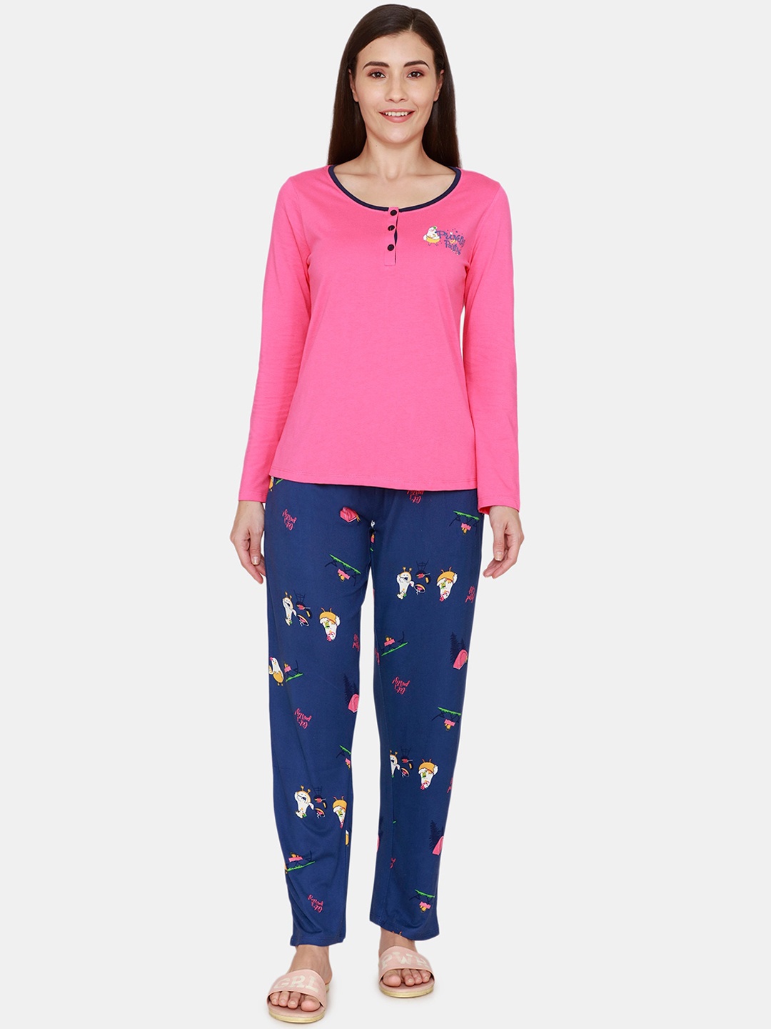 

Zivame Women Blue & Pink Printed Night suit