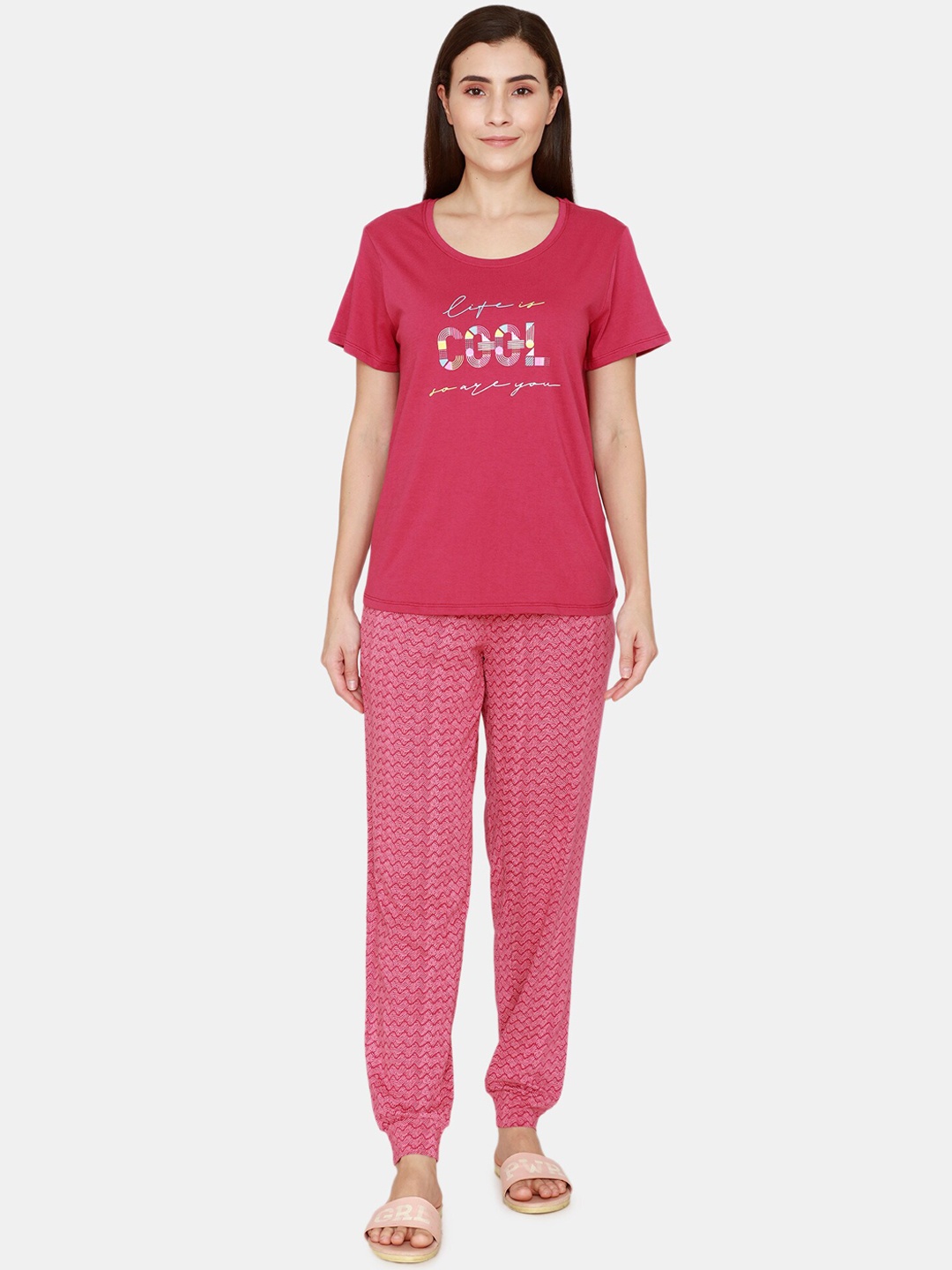 

Zivame Women Pink & Red Printed Night suit