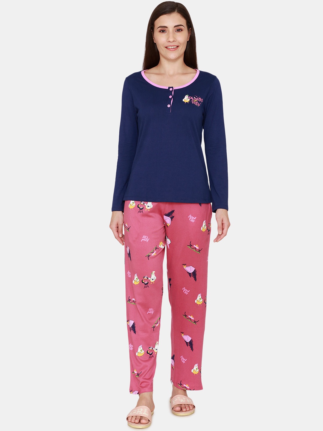 

Zivame Women Pink & Navy Blue Printed 2 Pc Night Suit