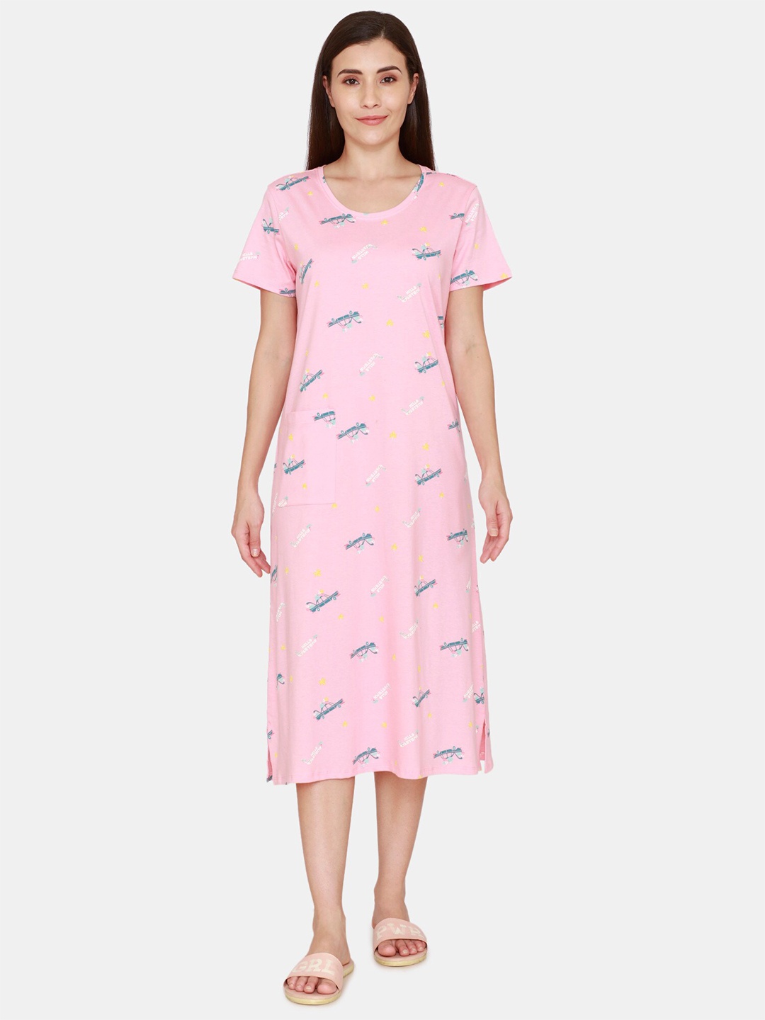 

Zivame Women Pink Printed Midi Nightdress