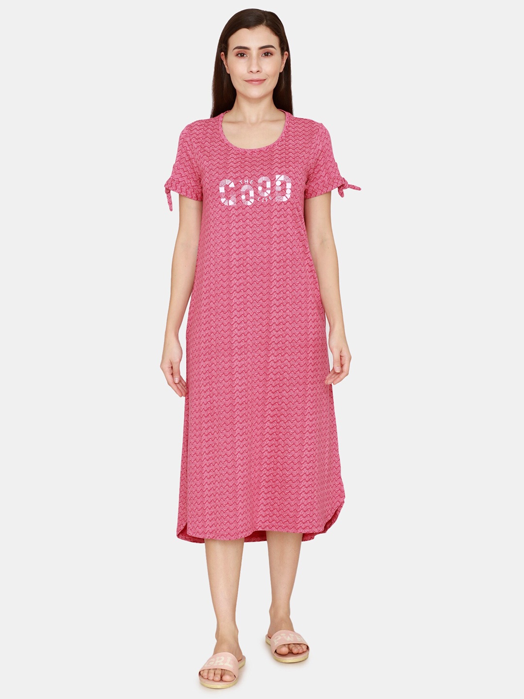 

Zivame Pink Printed Pure Cotton Nightdress