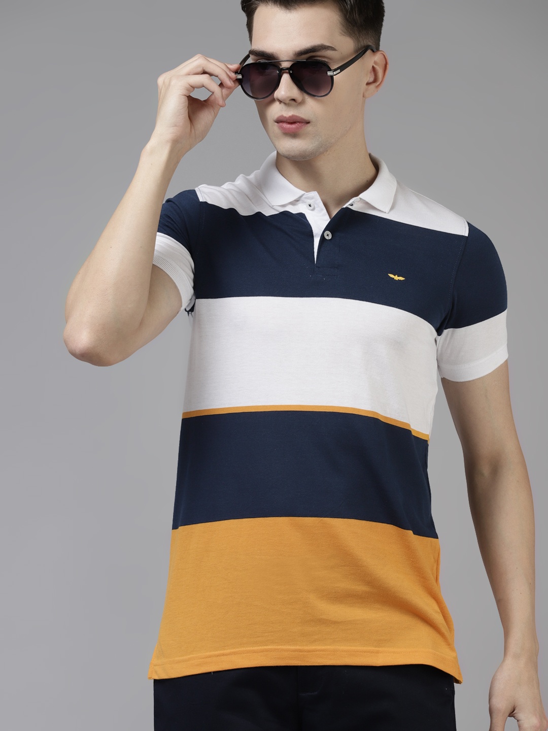 

Park Avenue Men Yellow & Navy Blue Colourblocked Polo Collar T-shirt