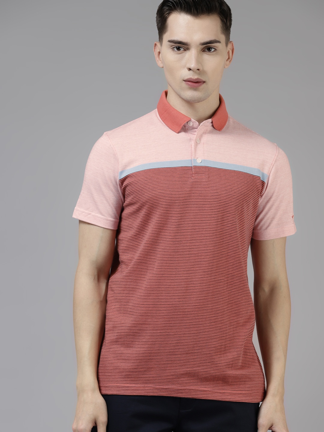 

Park Avenue Men Red & Pink Colourblocked Polo Collar T-shirt