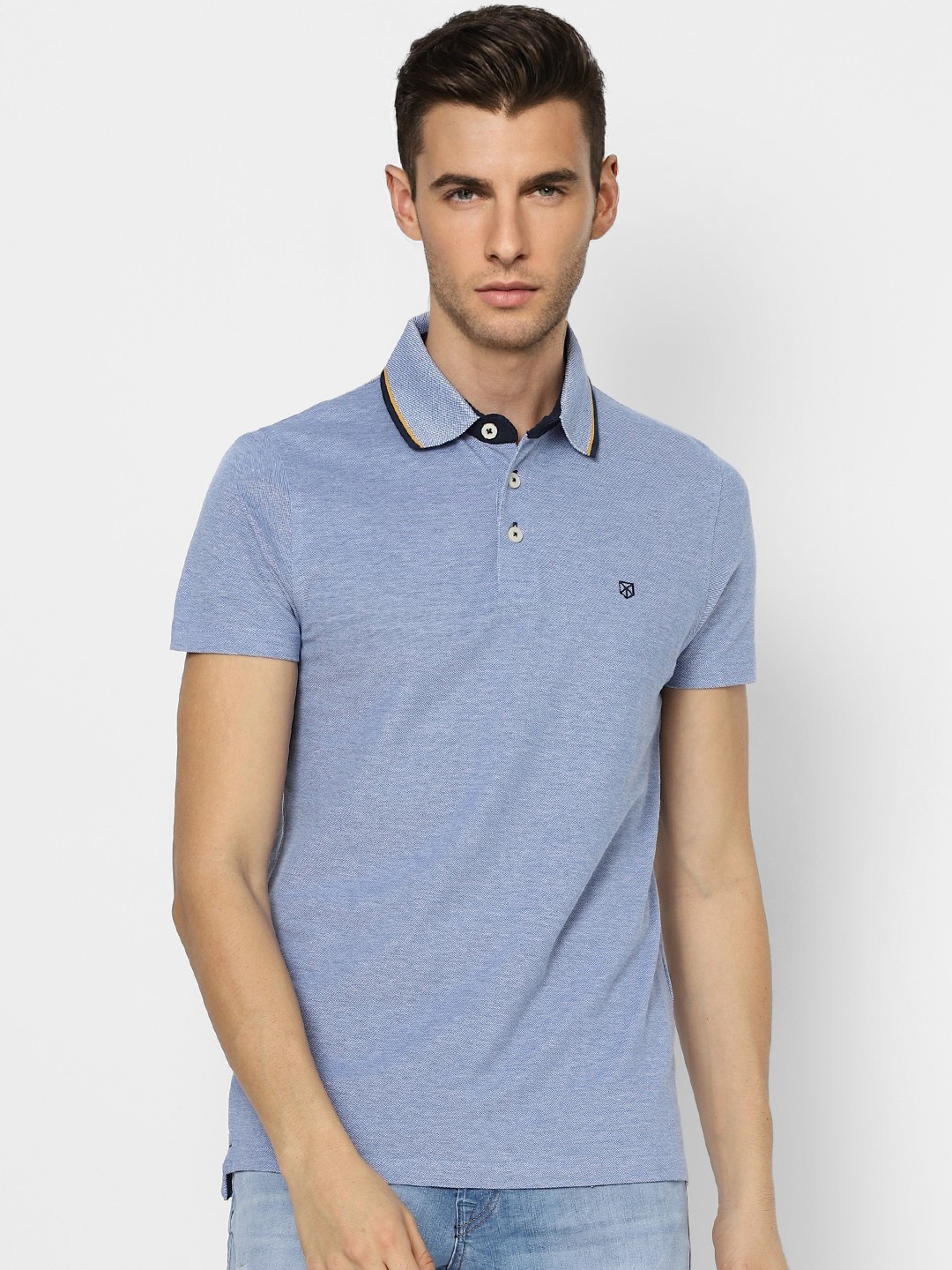

Jack & Jones Men Blue Solid Polo Collar Pure Cotton Slim Fit T-shirt