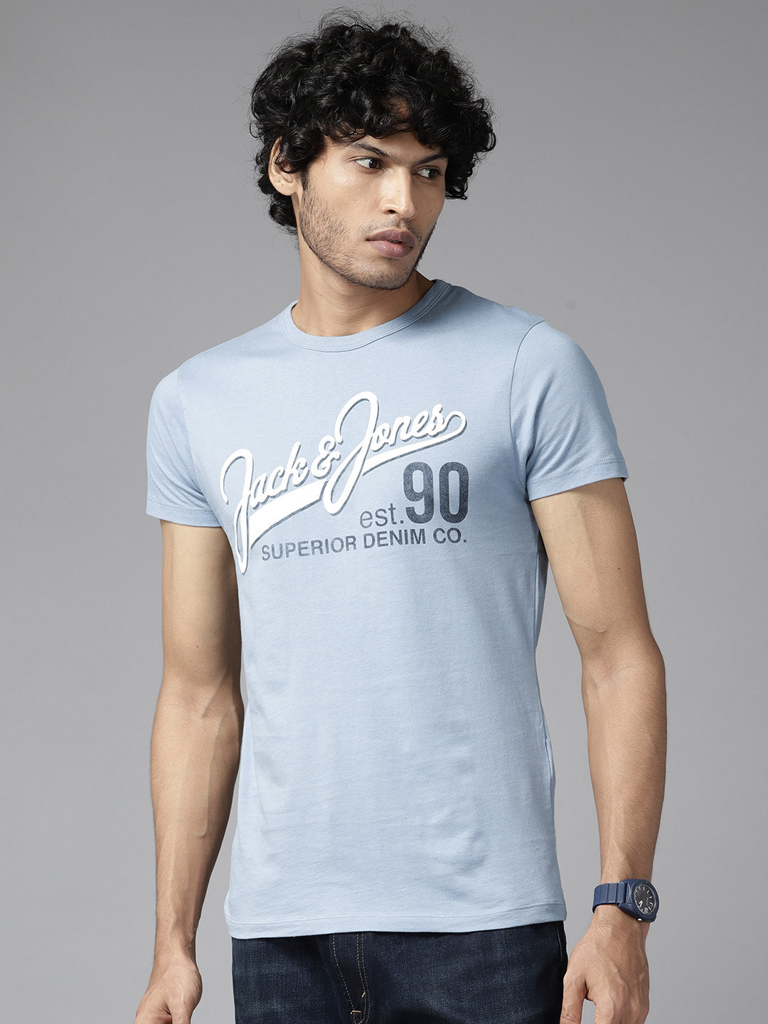 

Jack & Jones Men Brand Logo Printed Pure Cotton T-shirt, Blue