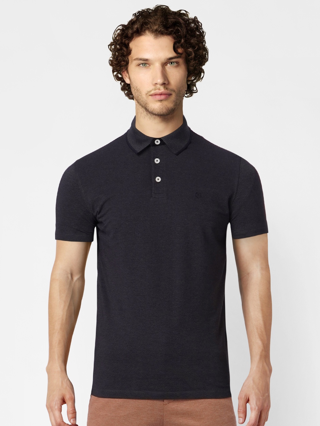 

Jack & Jones Men Dark Grey Solid Polo Collar Slim Fit Pure Cotton T-shirt