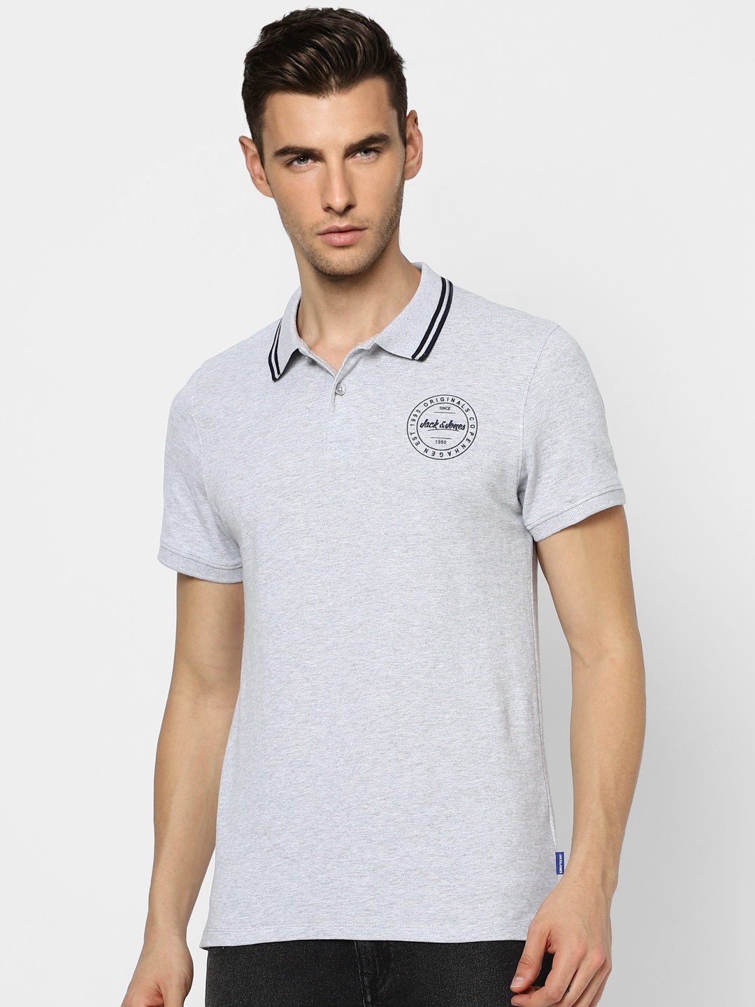 

Jack & Jones Men Light Grey Brand Logo Printed Polo Collar Slim Fit T-shirt
