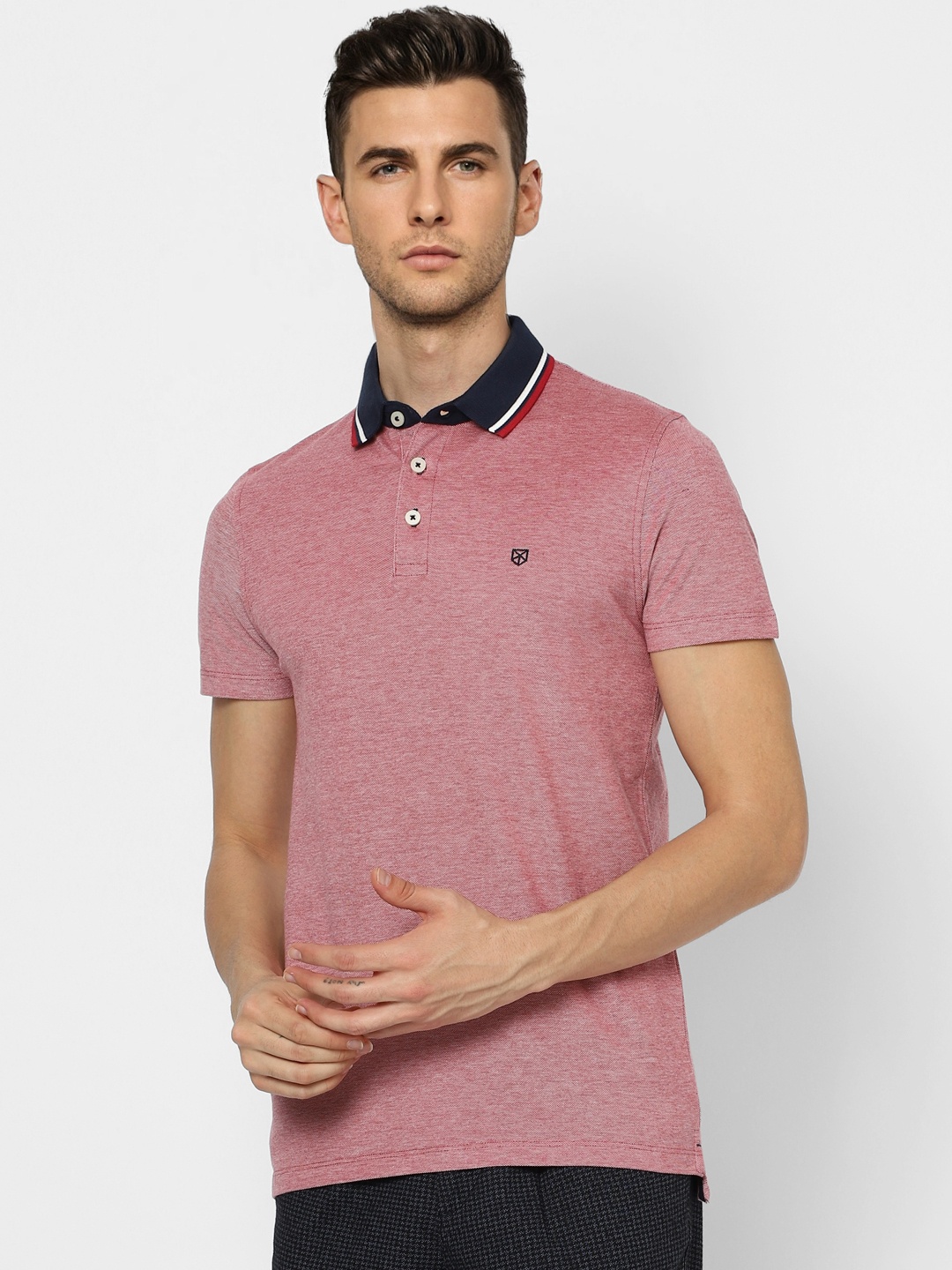 

Jack & Jones Men Pink Solid Polo Collar Slim Fit Pure Cotton Casual T-shirt