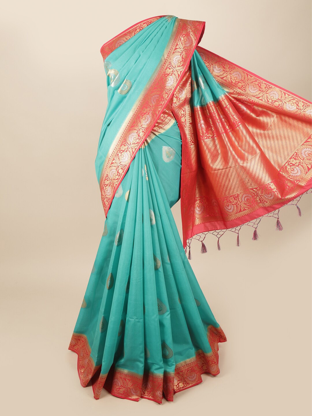 

Pothys Blue & Red Ethnic Motifs Zari Art Silk Banarasi Saree