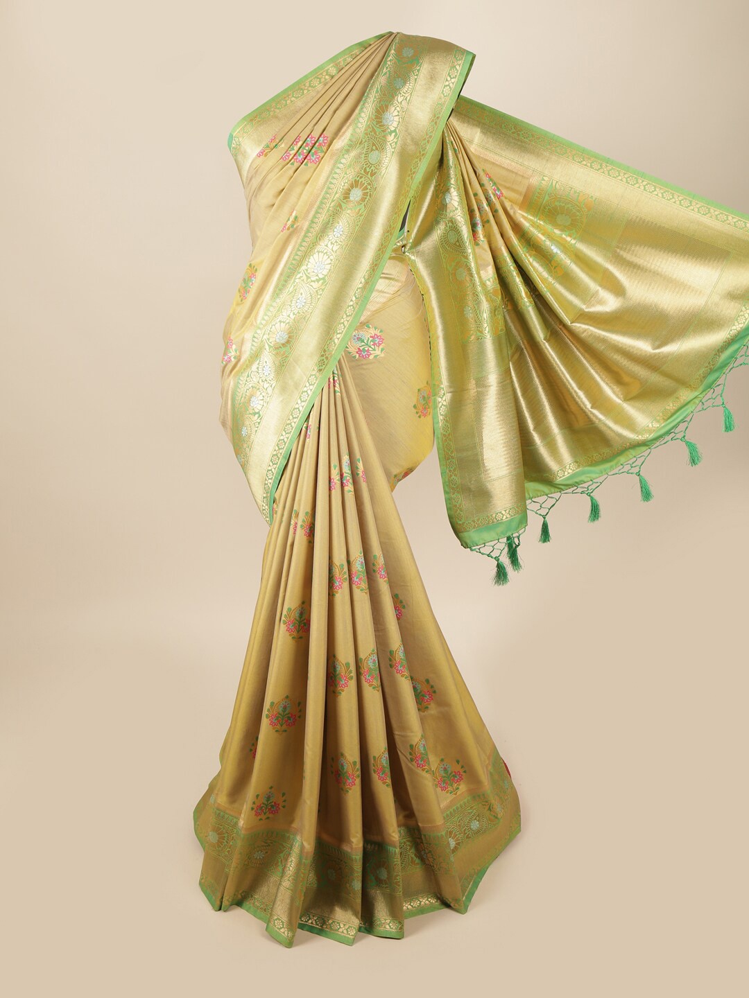 

Pothys Cream-Coloured & Green Floral Zari Art Silk Banarasi Saree