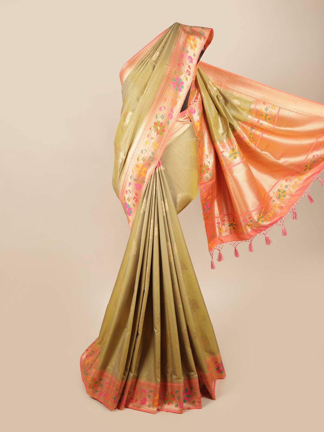 

Pothys Green & Orange Woven Design Banaras Saree