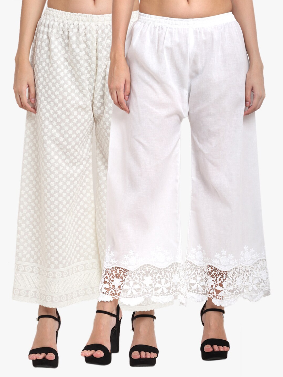 

Miaz Lifestyle Women Cream-Coloured & White 2 Ethnic Motifs Embroidered Handloom Ethnic Palazzos