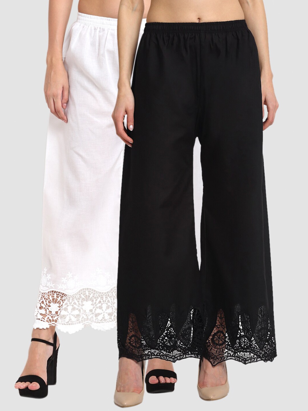 

Miaz Lifestyle Women Pack Of 2 Black & White Embroidered Handloom Ethnic Palazzos