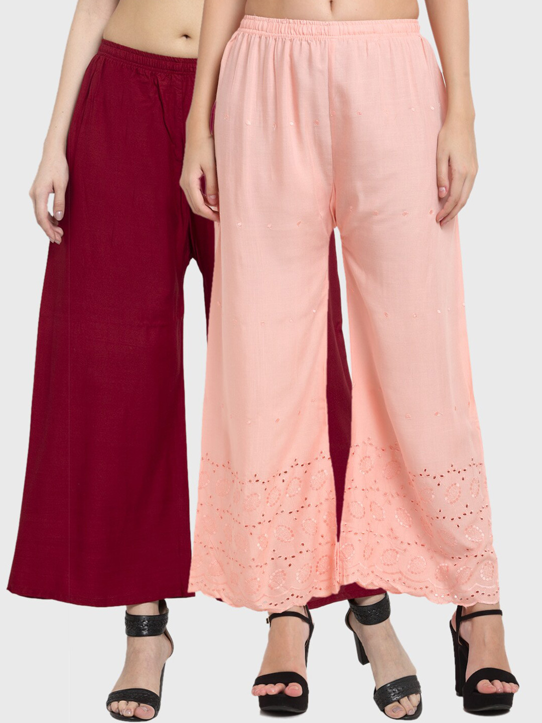 

Miaz Lifestyle Women Pack of 2 Maroon & Peach-Coloured Hem Design Handloom Ethnic Palazzos