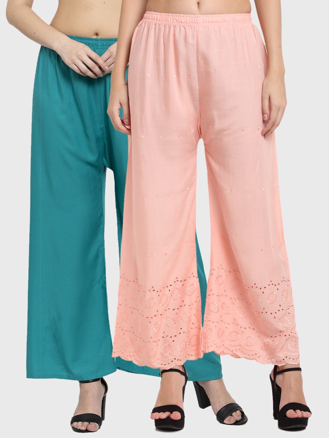 

Miaz Lifestyle Women Turquoise Blue & Peach-Coloured 2 Flared Palazzos