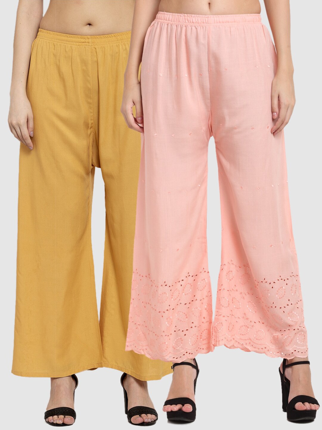 

Miaz Lifestyle Women Pack Of 2 Mustard Yellow & Peach-Coloured Embroidered Flared Palazzos