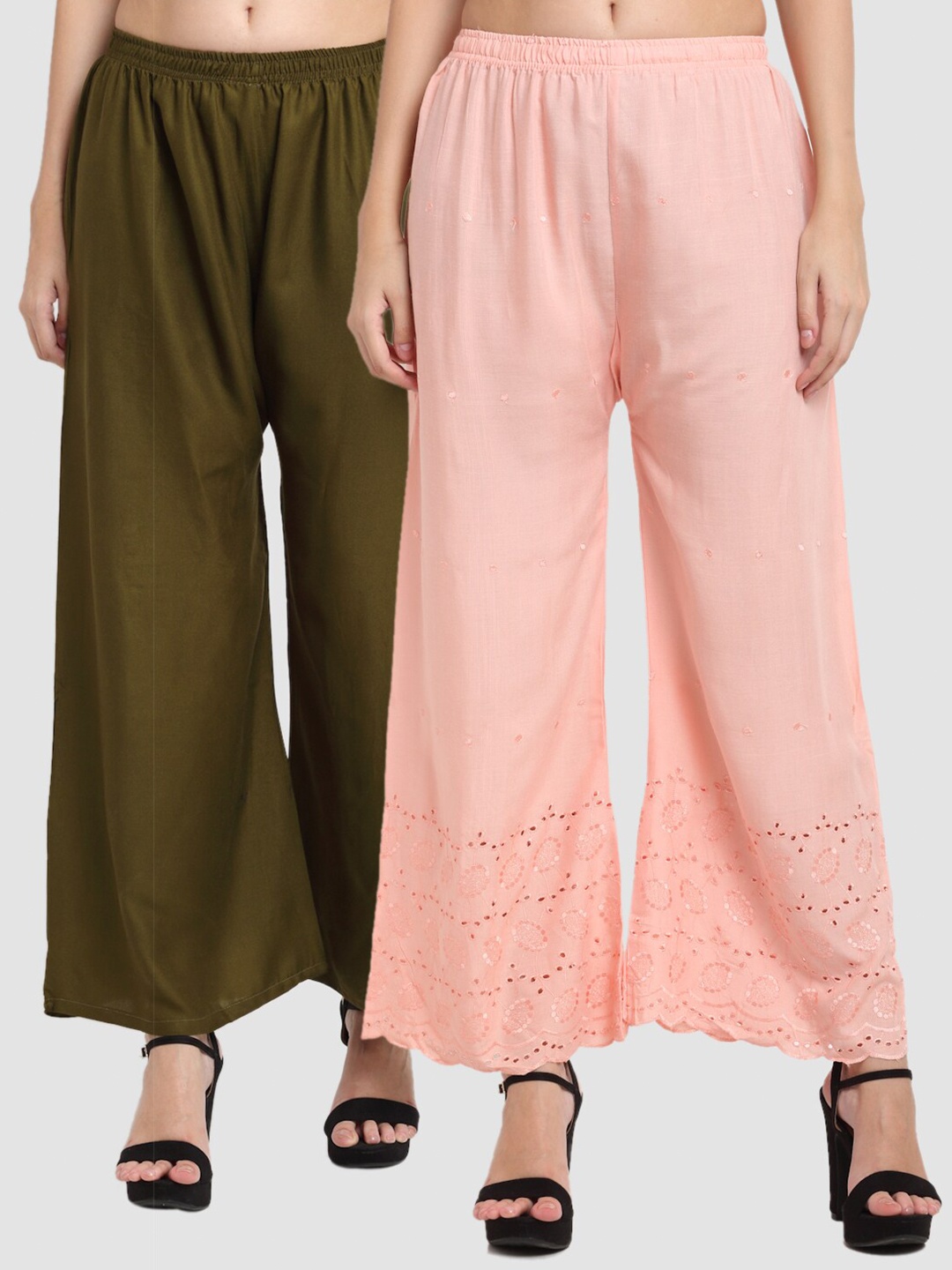 

Miaz Lifestyle Women Pack of 2 Embroidered Handloom Ethnic Palazzos, Peach
