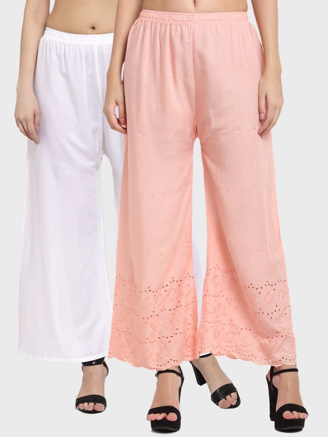 

Miaz Lifestyle Women Pack Of 2 White & Peach-Coloured Embroidered Ethnic Palazzos