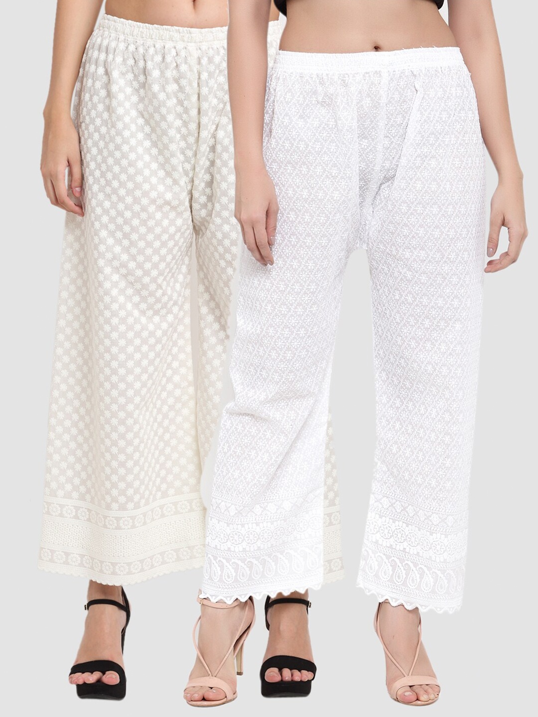 

Miaz Lifestyle Pack Of 2 White & Cream-Coloured Floral Embroidered Ethnic Palazzos