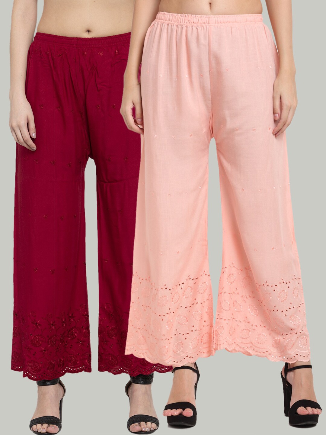 

Miaz Lifestyle Women Pack Of 2 Maroon & Peach-Coloured Handloom Ethnic Palazzos