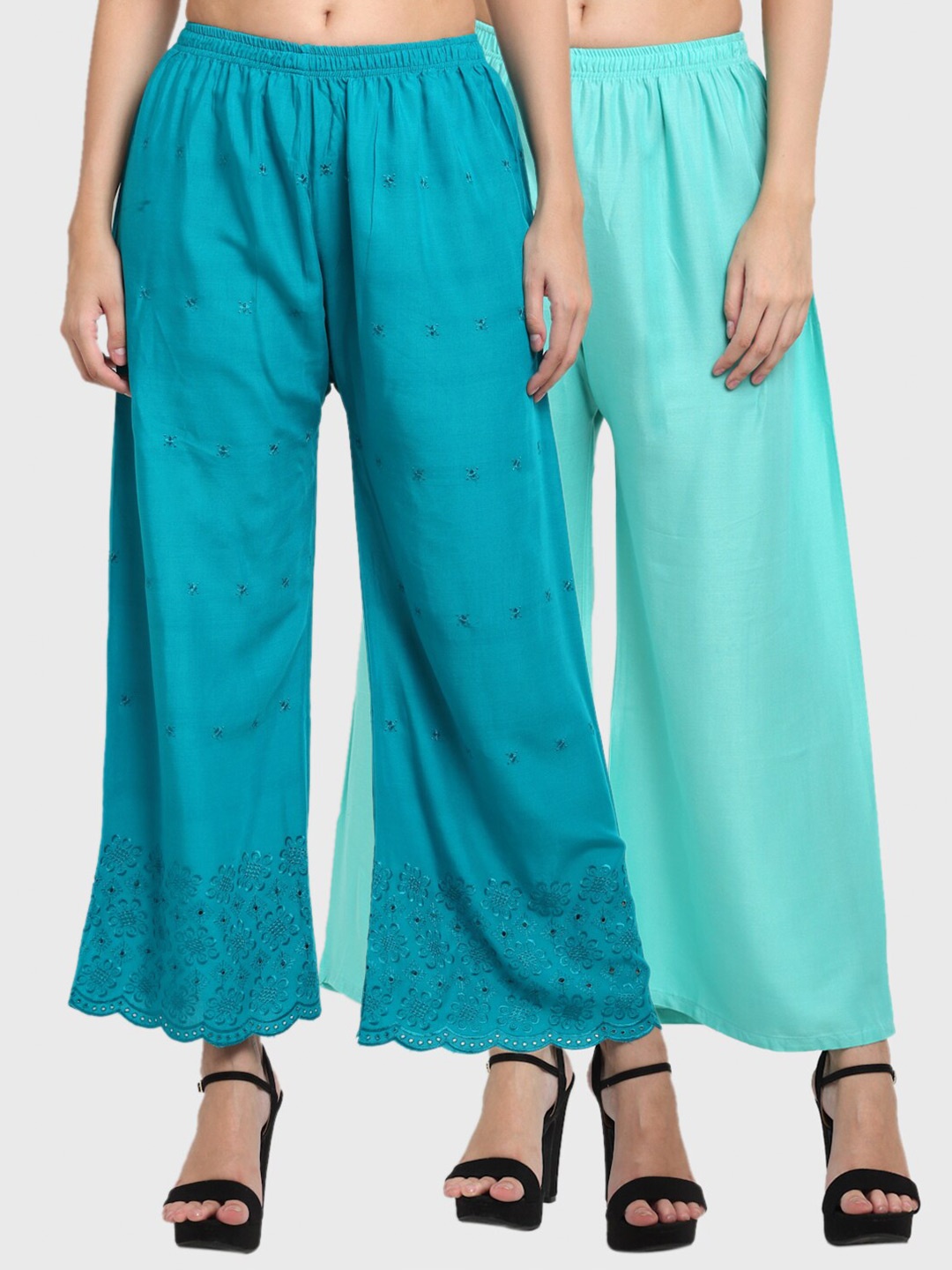 

Miaz Lifestyle Women Pack Of 2 Blue Floral Embroidered Handloom Ethnic Palazzos