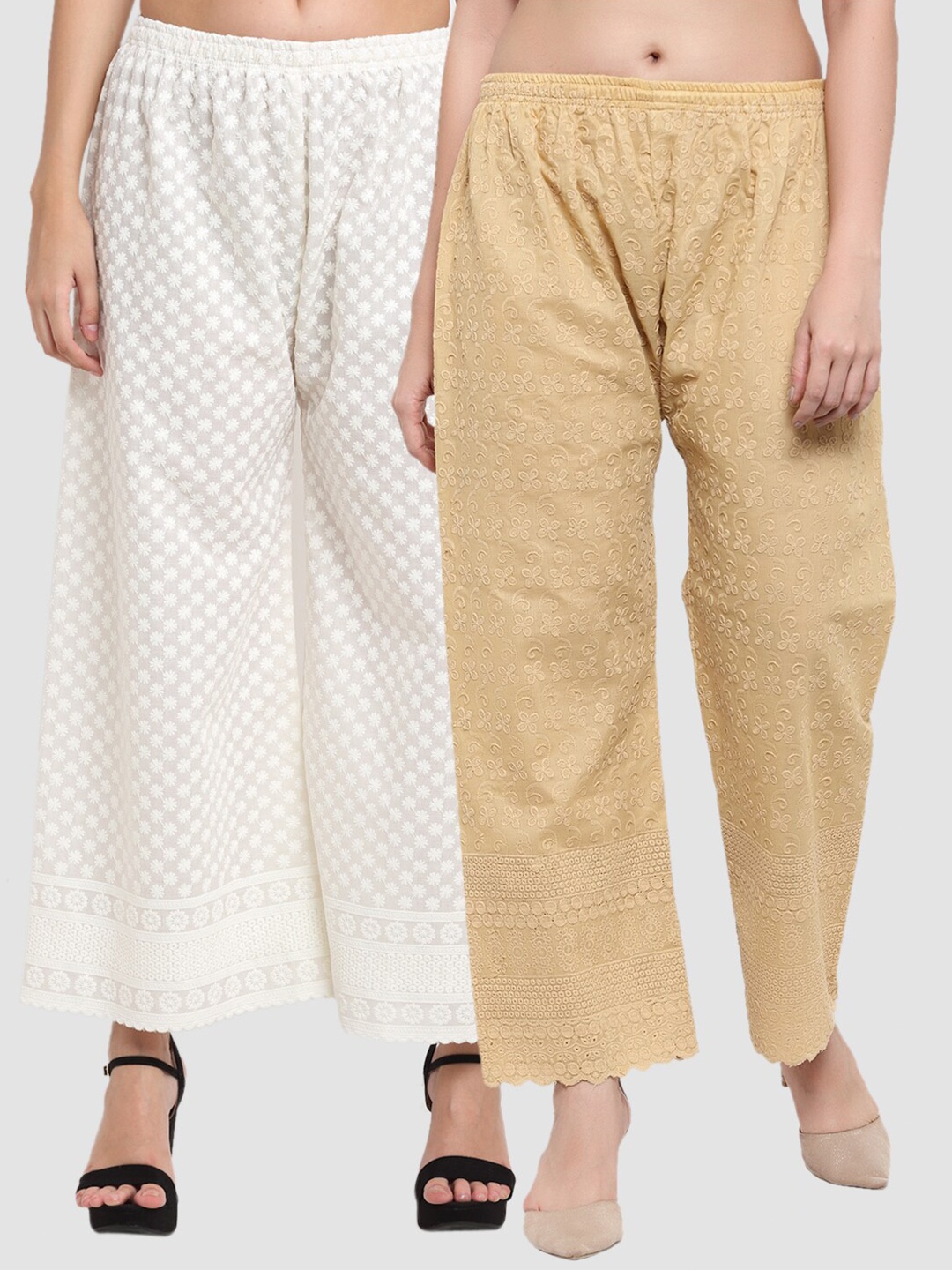 

Miaz Lifestyle Women White & Cream-Coloured 2-pack Floral Embroidered Handloom Palazzos