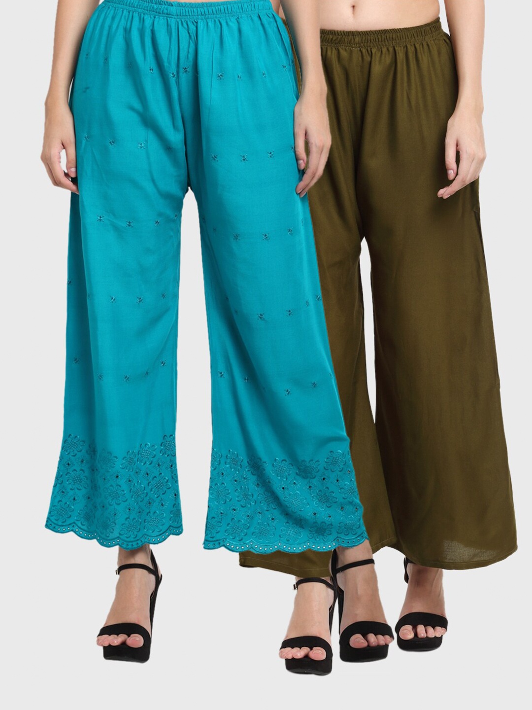 

Miaz Lifestyle Women Pack of 2 Blue & Olive Green Handloom Ethnic Palazzos