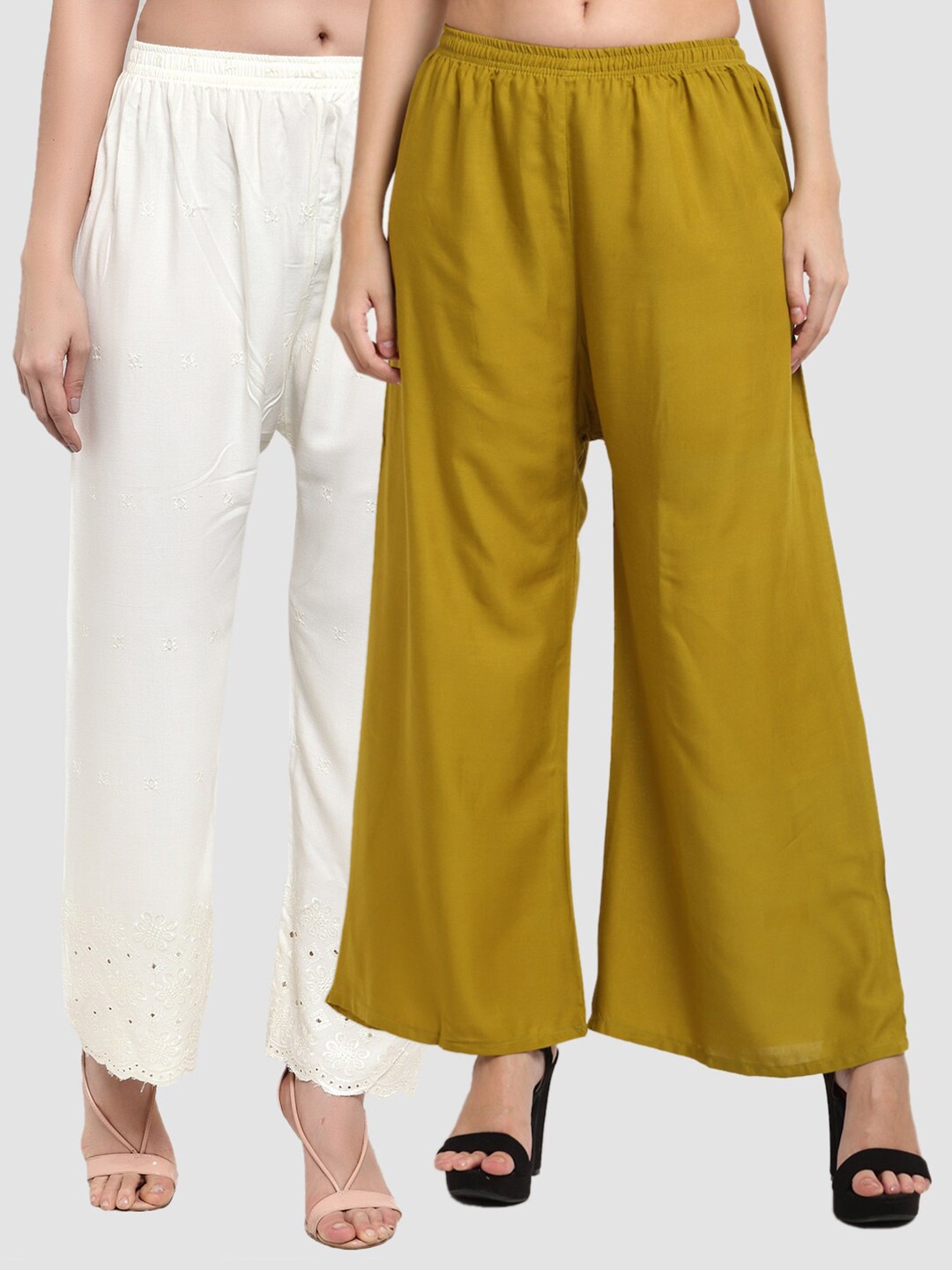 

Miaz Lifestyle Women Pack Of 2 Off White & Olive Green Embroidered Handloom Palazzos