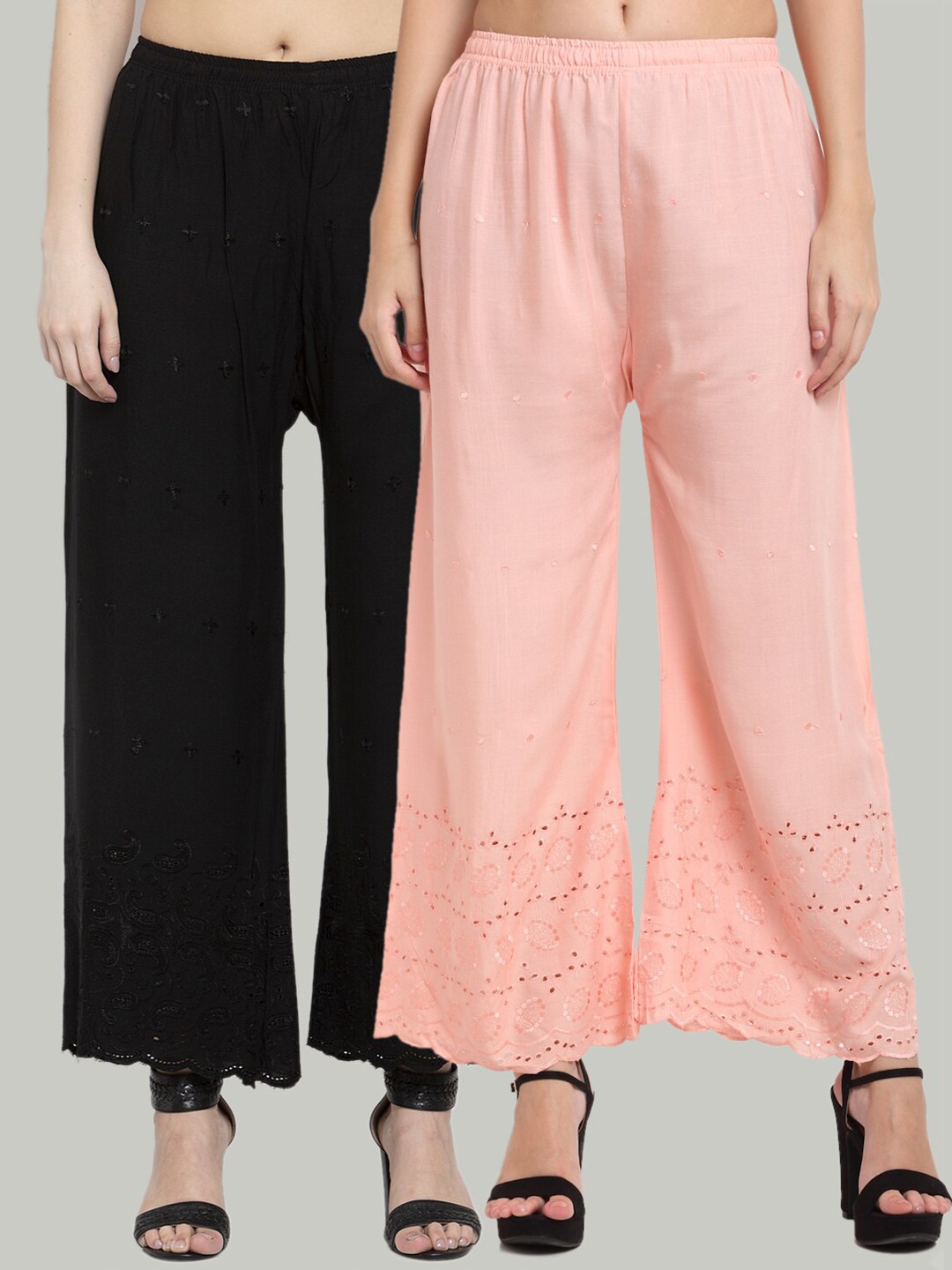 

Miaz Lifestyle Women Black & Peach 2 Embroidered Palazzos