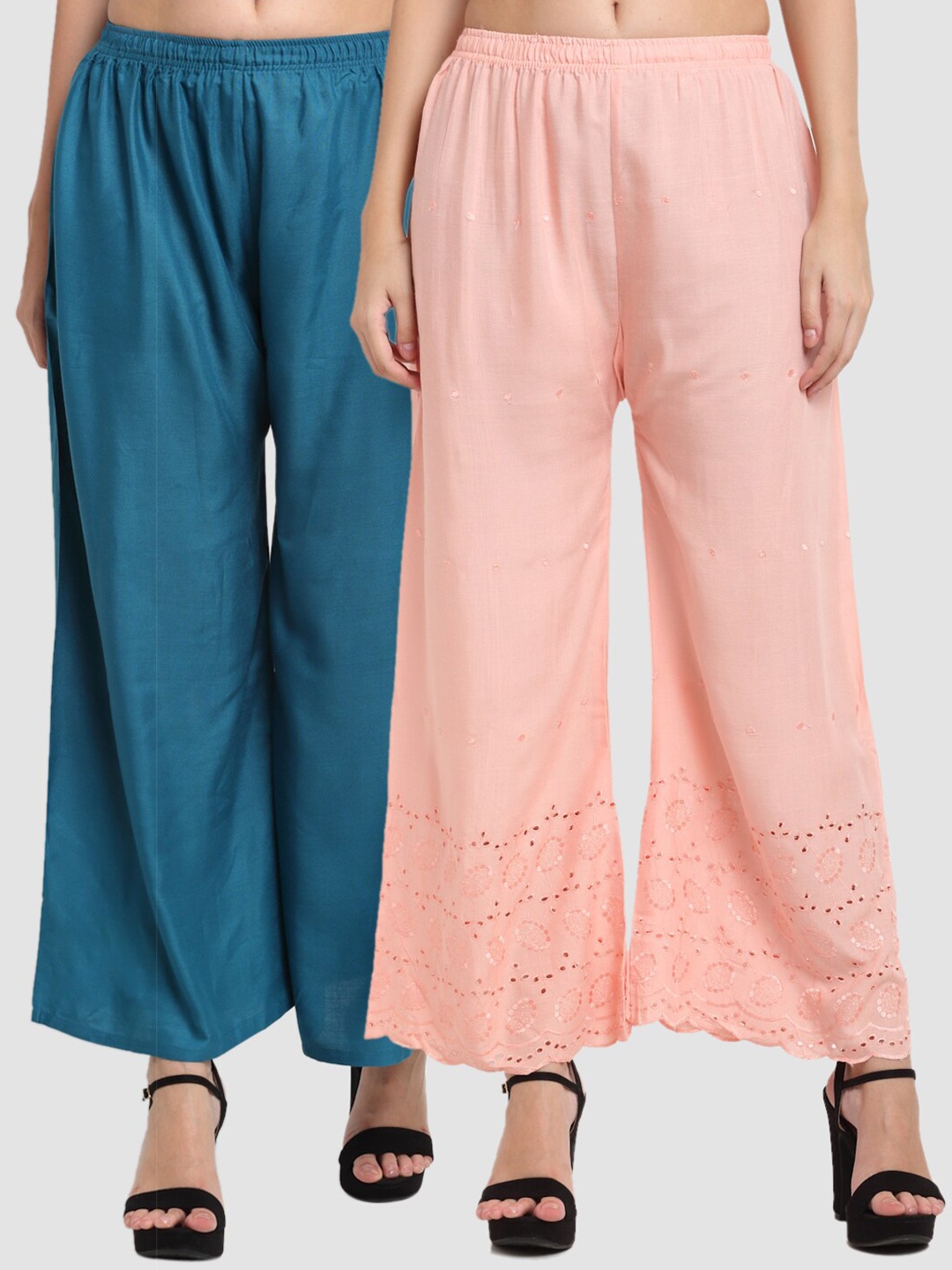 

Miaz Lifestyle Women Teal & Peach-Coloured 2 Embroidered Handloom Palazzos
