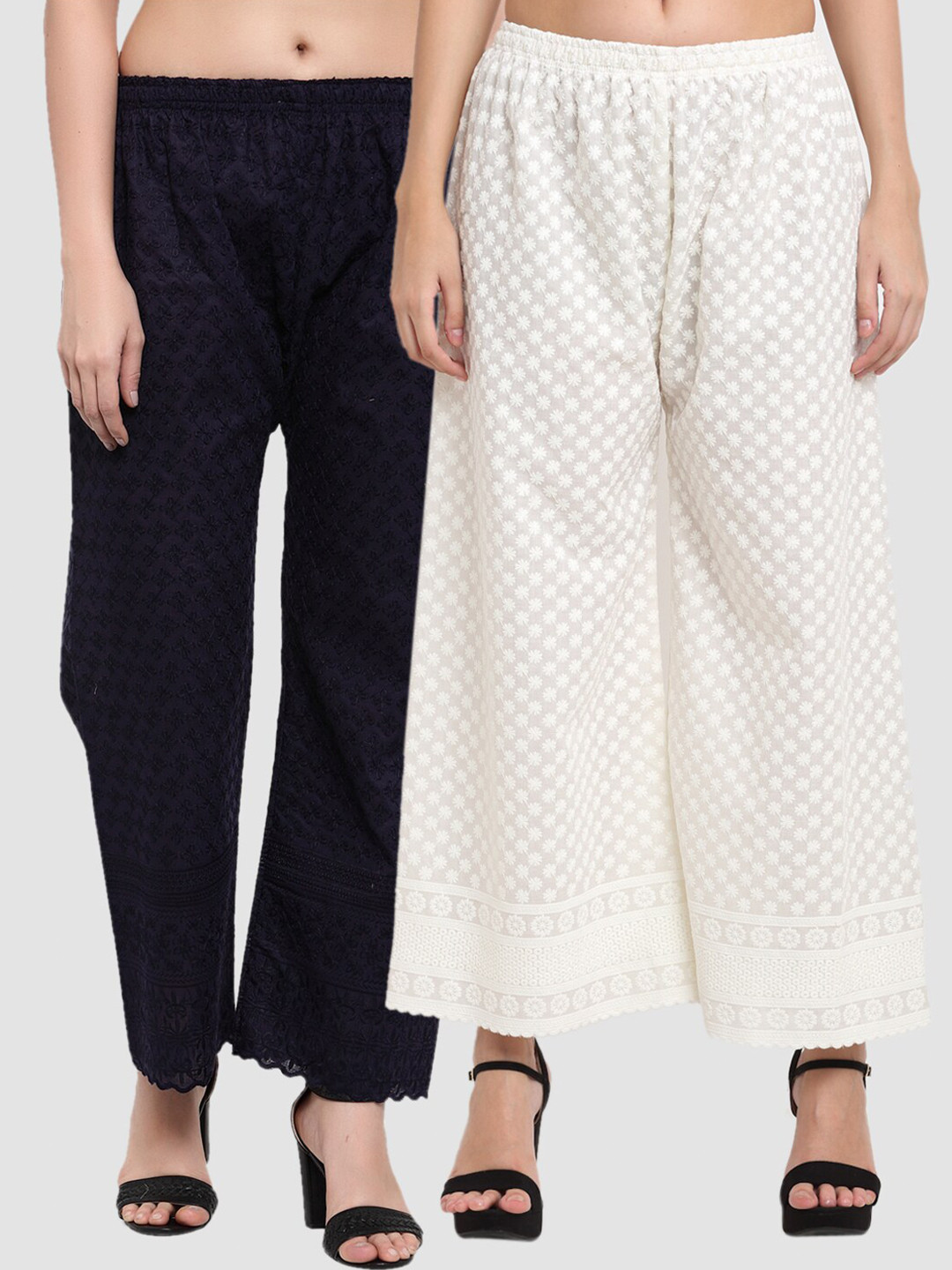 

Miaz Lifestyle Women Navy Blue & Cream-Coloured 2 Floral Embroidered Palazzos