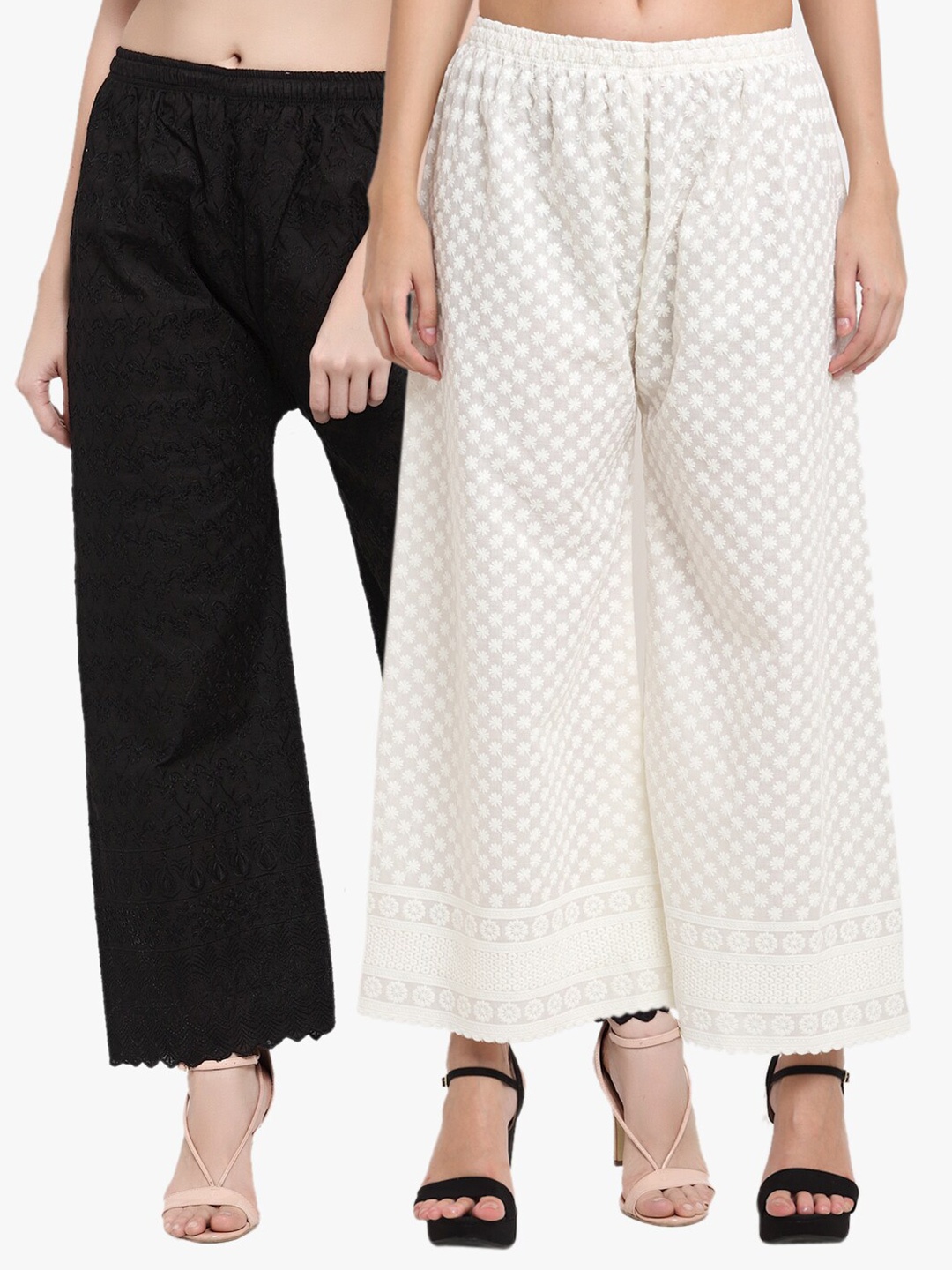 

Miaz Lifestyle Women Pack Of 2 Black & Cream-Coloured Floral Embroidered Flared Palazzos