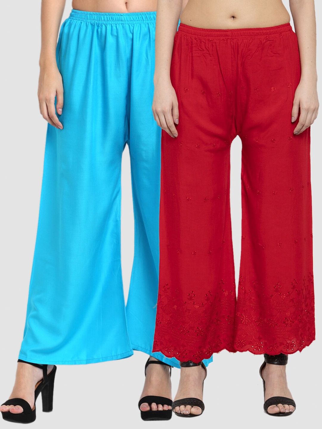 

Miaz Lifestyle Women Pack Of 2 Red & Blue Floral Embroidered Handloom Palazzos